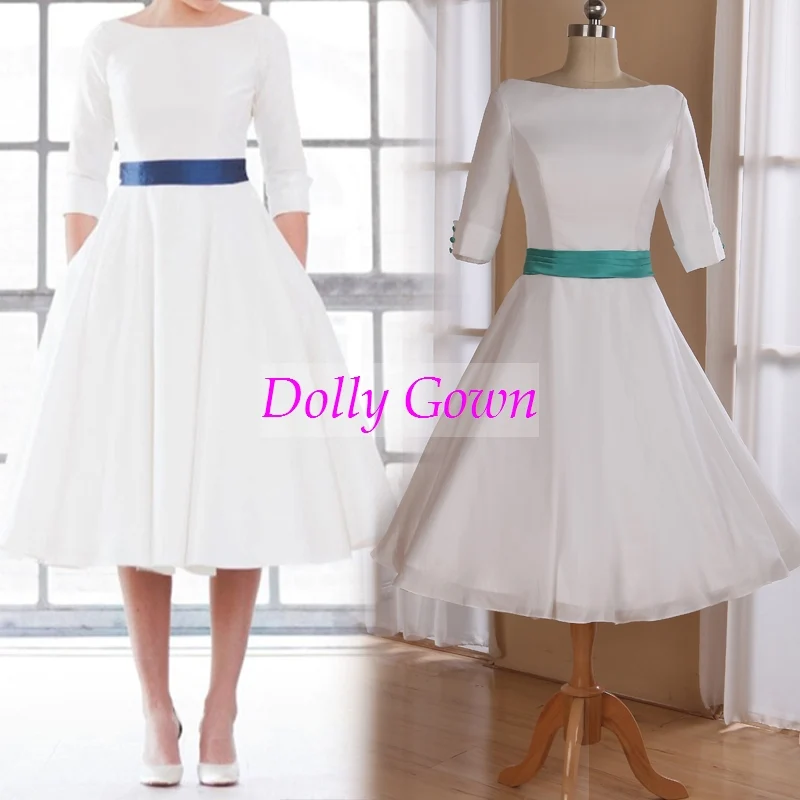 Robe de mariée longueur thé dos nu des années 50 avec manches | Robe de mariée courte vintage avec dos en V profond et poches