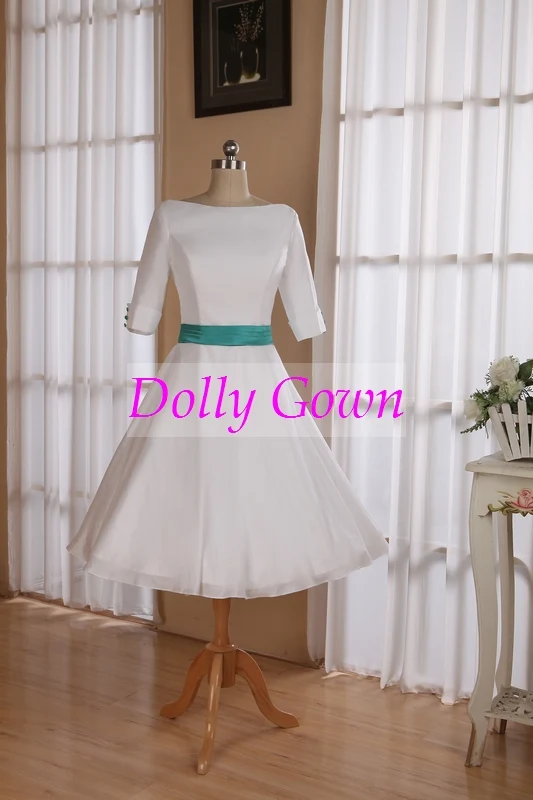 Robe de mariée longueur thé dos nu des années 50 avec manches | Robe de mariée courte vintage avec dos en V profond et poches