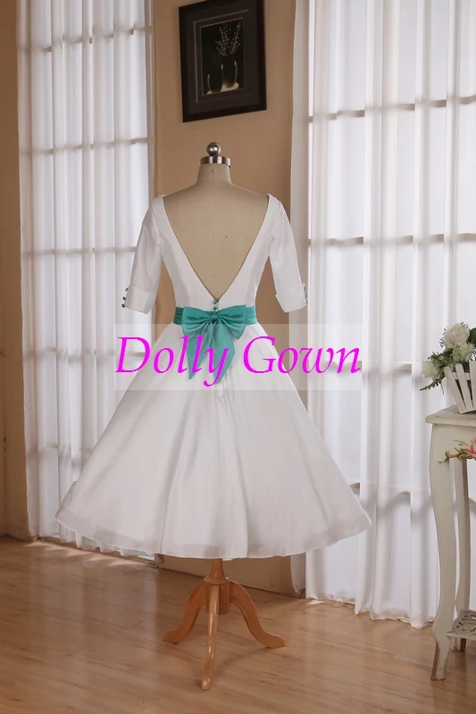 Robe de mariée longueur thé dos nu des années 50 avec manches | Robe de mariée courte vintage avec dos en V profond et poches