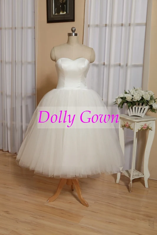 Robe de mariée rétro en tulle sans bretelles, style vintage années 50, rockabilly, longueur thé