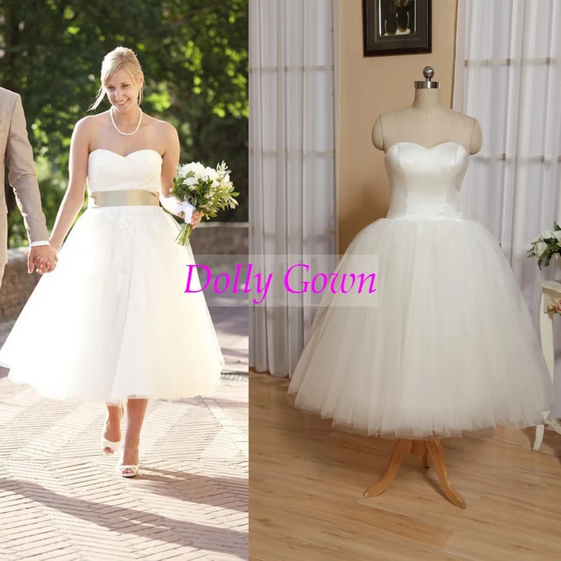 Robe de mariée rétro en tulle sans bretelles, style vintage années 50, rockabilly, longueur thé
