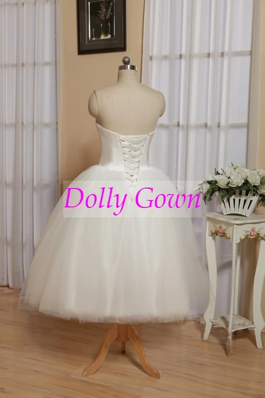 Robe de mariée rétro en tulle sans bretelles, style vintage années 50, rockabilly, longueur thé