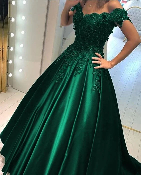 Robe de bal en satin vert chasseur, épaules dénudées, robe de bal avec appliques en dentelle