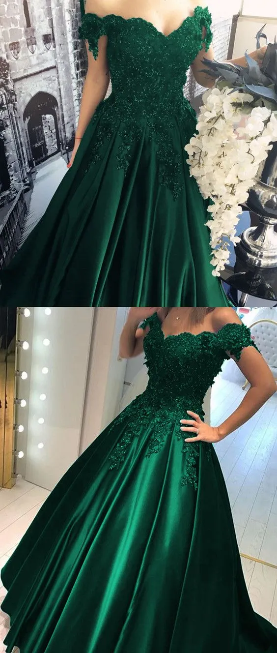 Robe de bal en satin vert chasseur, épaules dénudées, robe de bal avec appliques en dentelle