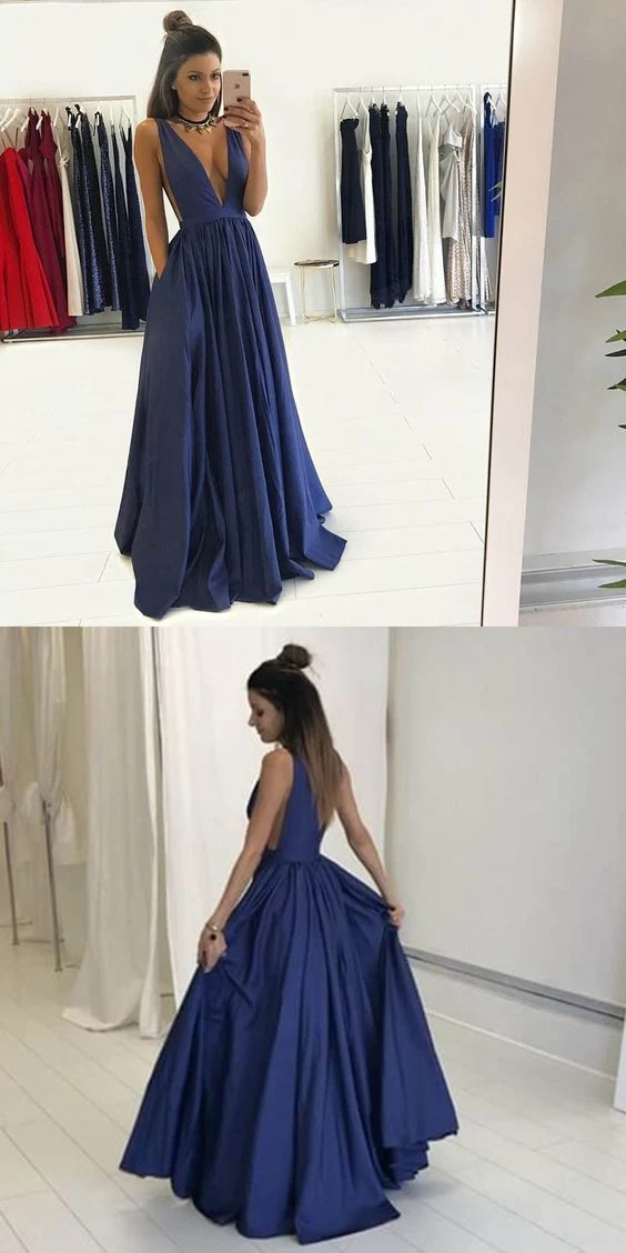 Robe de bal formelle simple et sexy avec poches, longue robe de soirée à col en V profond