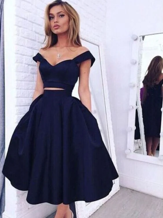 Robe de bal courte deux pièces bleu marine, épaules dénudées, robe de soirée Simple pour étudiant de première année 20171202