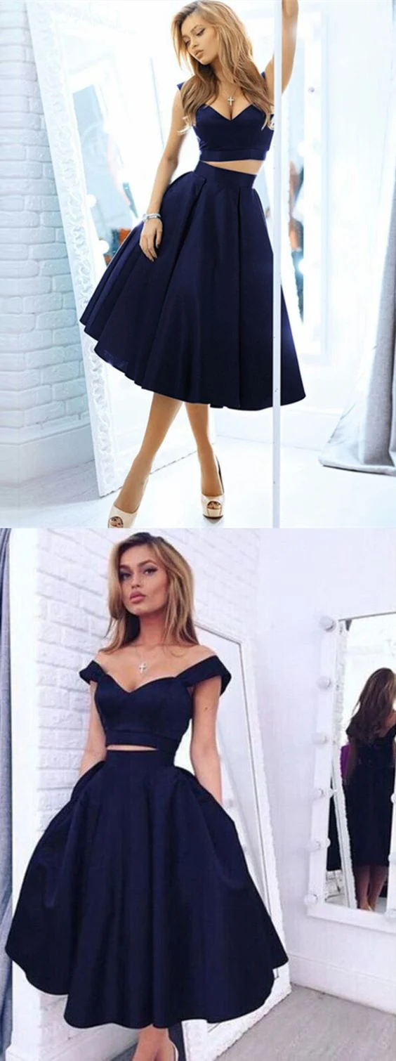 Robe de bal courte deux pièces bleu marine, épaules dénudées, robe de soirée Simple pour étudiant de première année 20171202