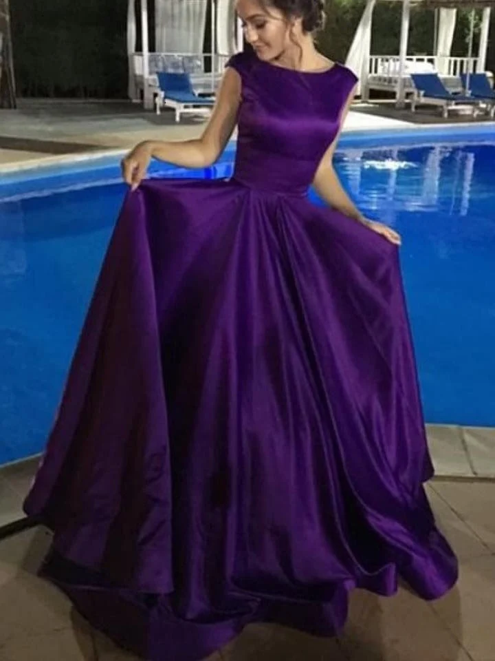 Robe de bal longue violette, Style Vintage modeste, col bateau, robe de bal