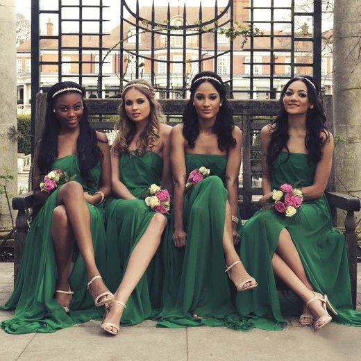 Robe de demoiselle d'honneur vert émeraude sans bretelles, avec fente latérale, en mousseline fluide, sans manches, robes de demoiselle d'honneur d'été