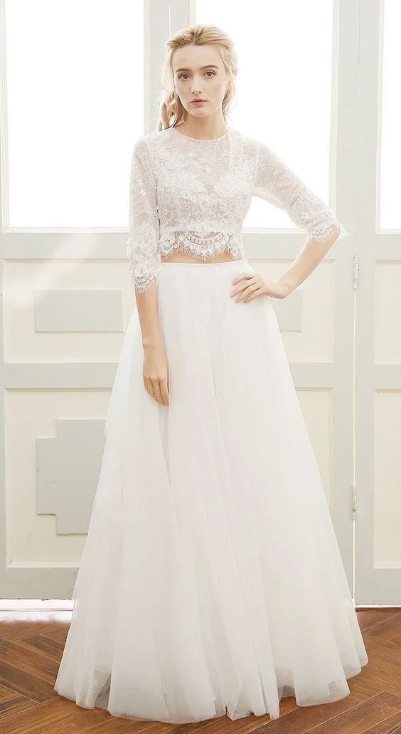 Robe de mariée deux pièces Boho, haut en dentelle à manches longues et séparations de mariée, 20082225