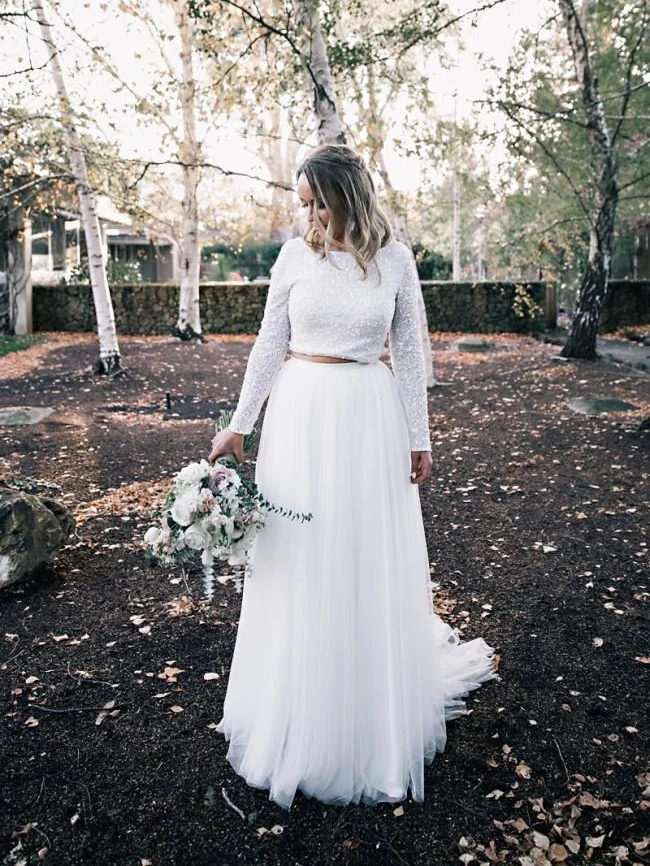 Robe de mariée modeste à manches longues, jupe et haut en tulle, séparations de mariée
