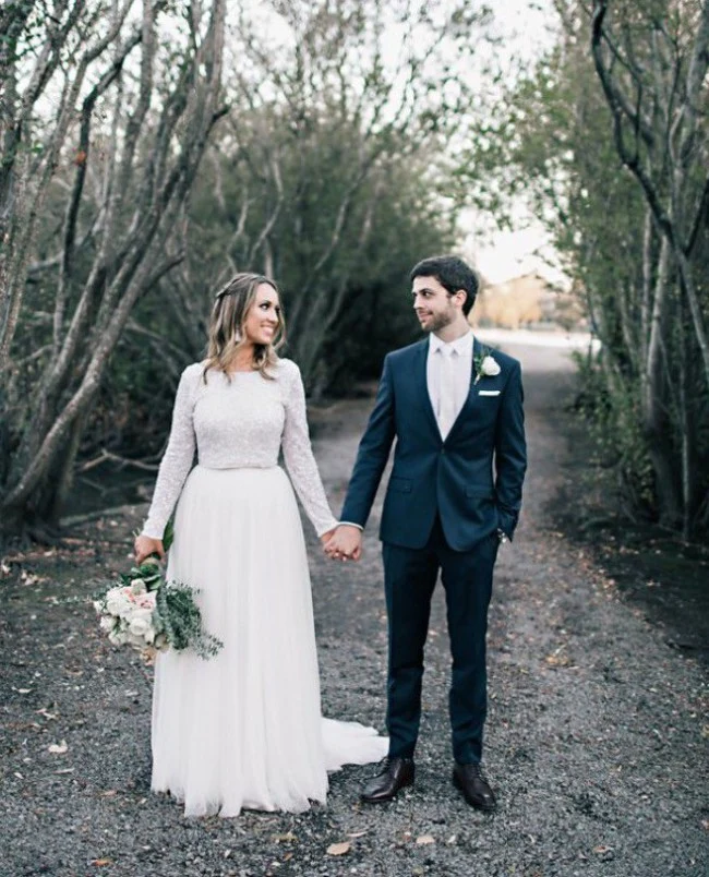 Robe de mariée modeste à manches longues, jupe et haut en tulle, séparations de mariée