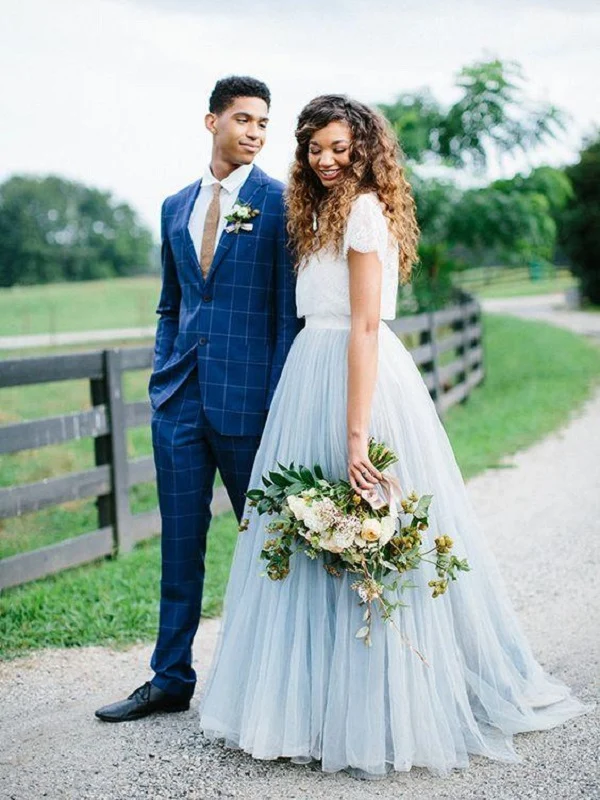Robe de mariée deux pièces en dentelle, style campagnard décontracté, avec jupe en tulle, séparations de mariée