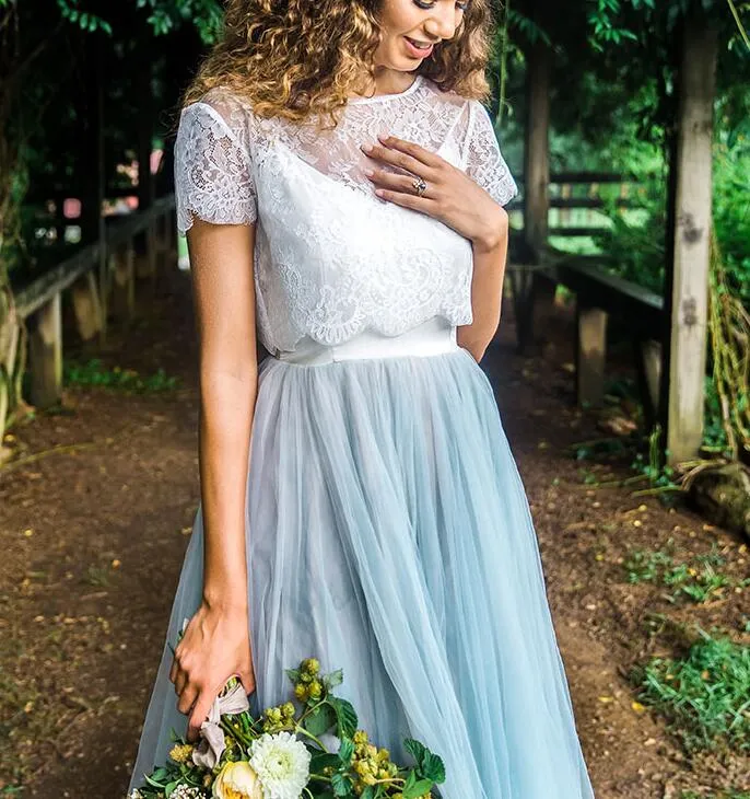 Robe de mariée deux pièces en dentelle, style campagnard décontracté, avec jupe en tulle, séparations de mariée