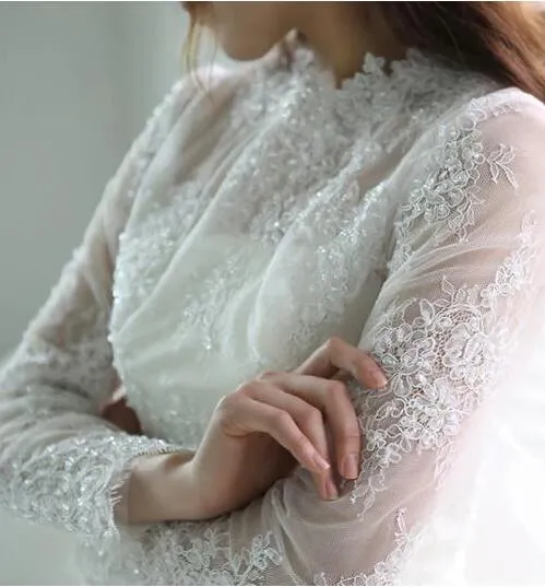 Robe de mariée en dentelle et tulle, style rétro, manches longues, cercle complet, longueur thé
