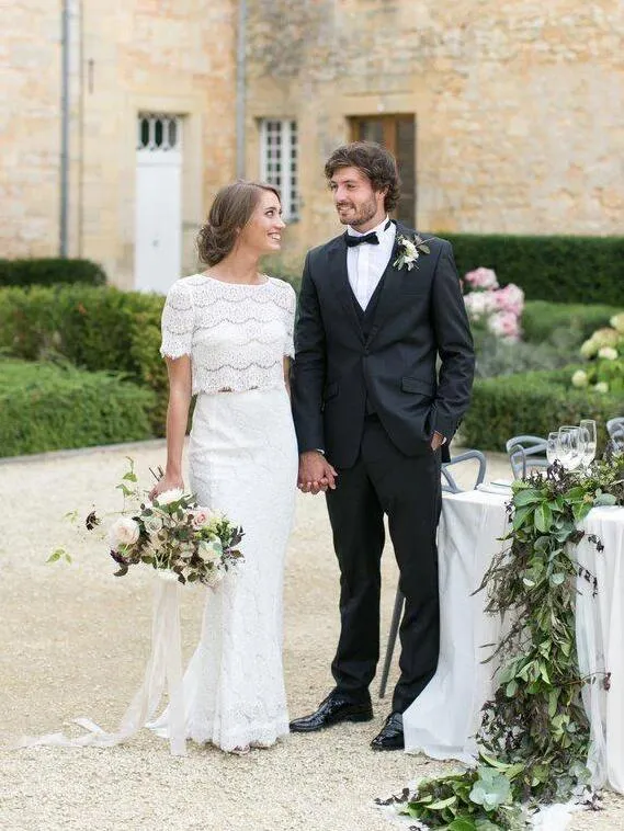 Dentelle Rustique Deux Pièces Cap Manches Sirène Mariée Sépare | Robe de mariée à haut court