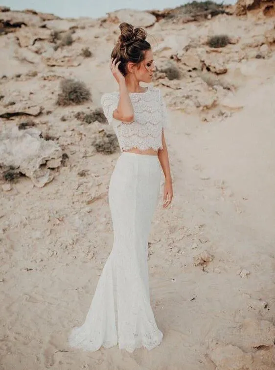 Dentelle Rustique Deux Pièces Cap Manches Sirène Mariée Sépare | Robe de mariée à haut court
