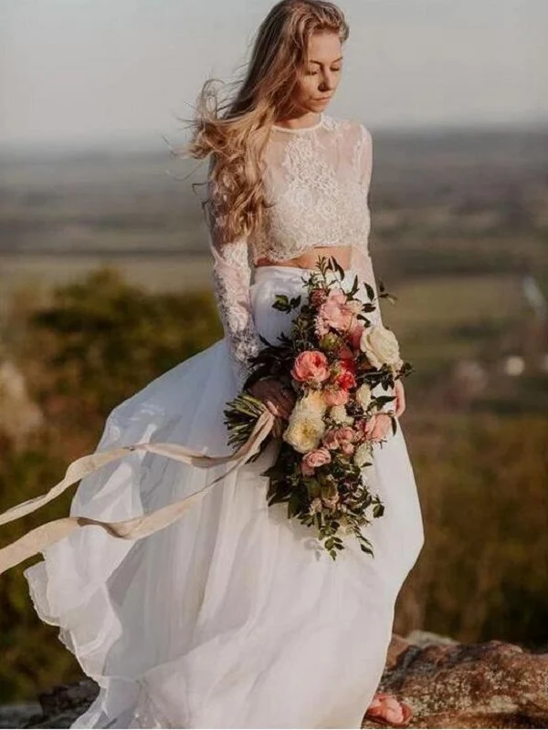 Robe de mariée fluide d'été décontractée deux pièces avec haut en dentelle à manches longues et jupe en mousseline de soie