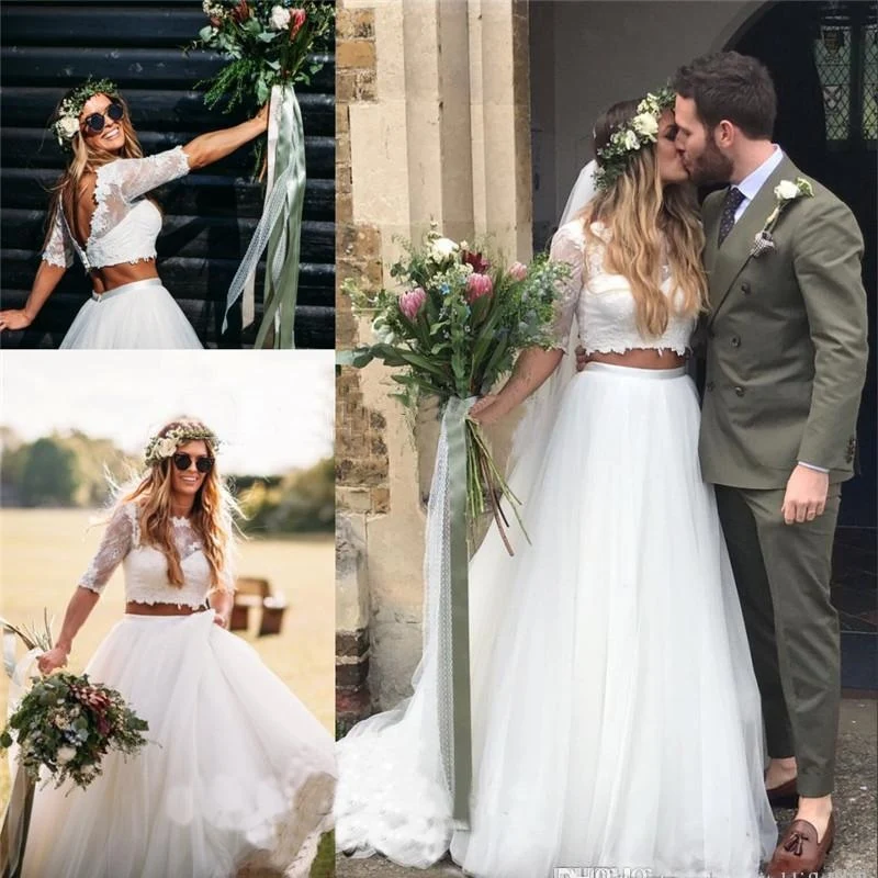 Robe de mariée 2 pièces en dentelle à manches longues de style campagnard | Haut court pour mariée
