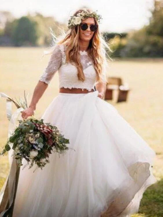 Robe de mariée 2 pièces en dentelle à manches longues de style campagnard | Haut court pour mariée