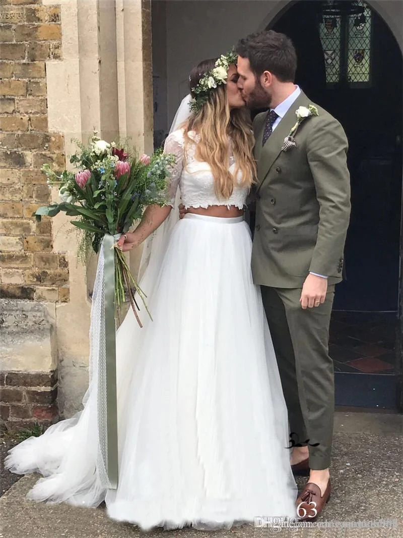Robe de mariée 2 pièces en dentelle à manches longues de style campagnard | Haut court pour mariée