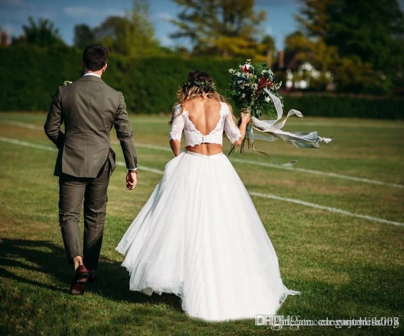 Robe de mariée 2 pièces en dentelle à manches longues de style campagnard | Haut court pour mariée