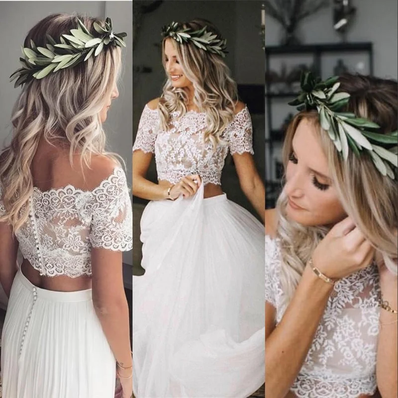 Robe de mariée deux pièces en dentelle, haut court décontracté et fluide, manches courtes, séparations de mariée