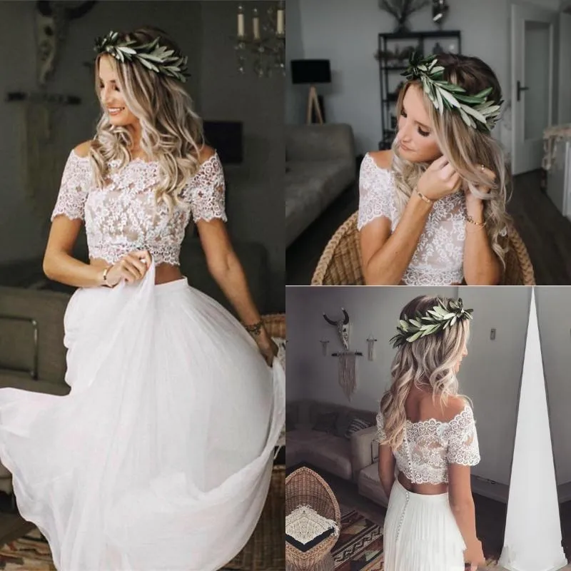 Robe de mariée deux pièces en dentelle, haut court décontracté et fluide, manches courtes, séparations de mariée