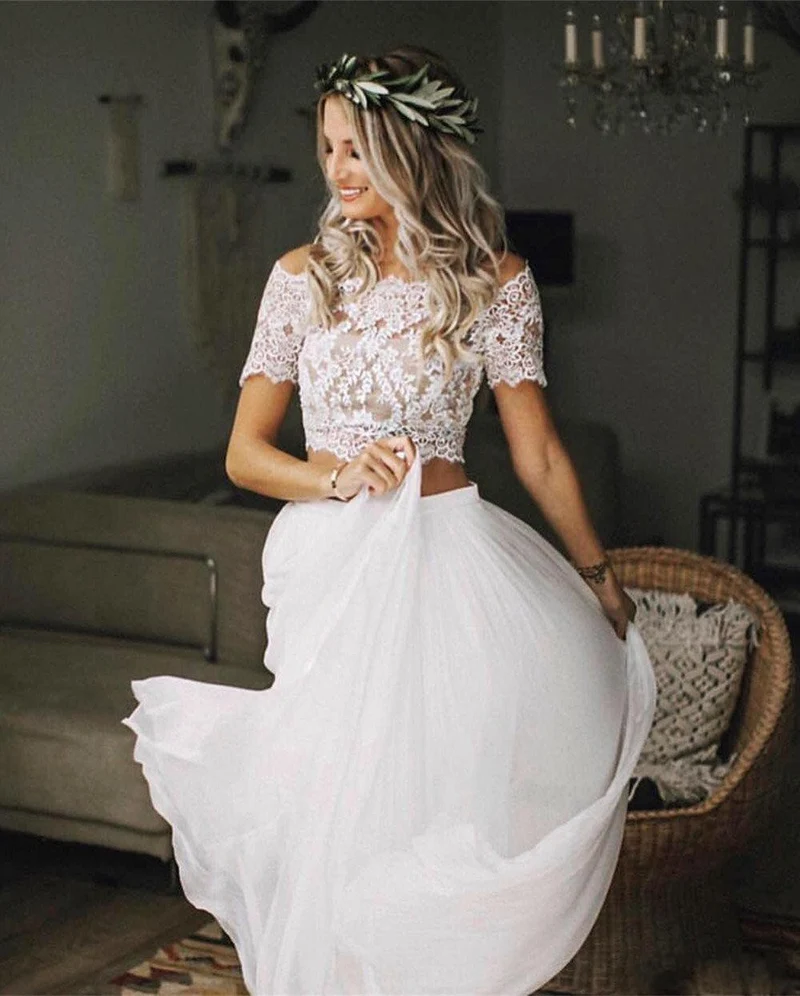 Robe de mariée deux pièces en dentelle, haut court décontracté et fluide, manches courtes, séparations de mariée