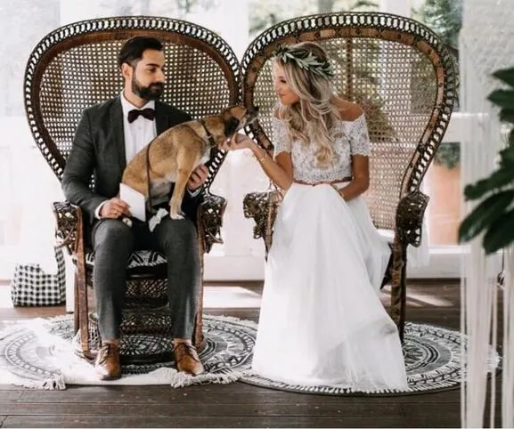 Robe de mariée deux pièces en dentelle, haut court décontracté et fluide, manches courtes, séparations de mariée