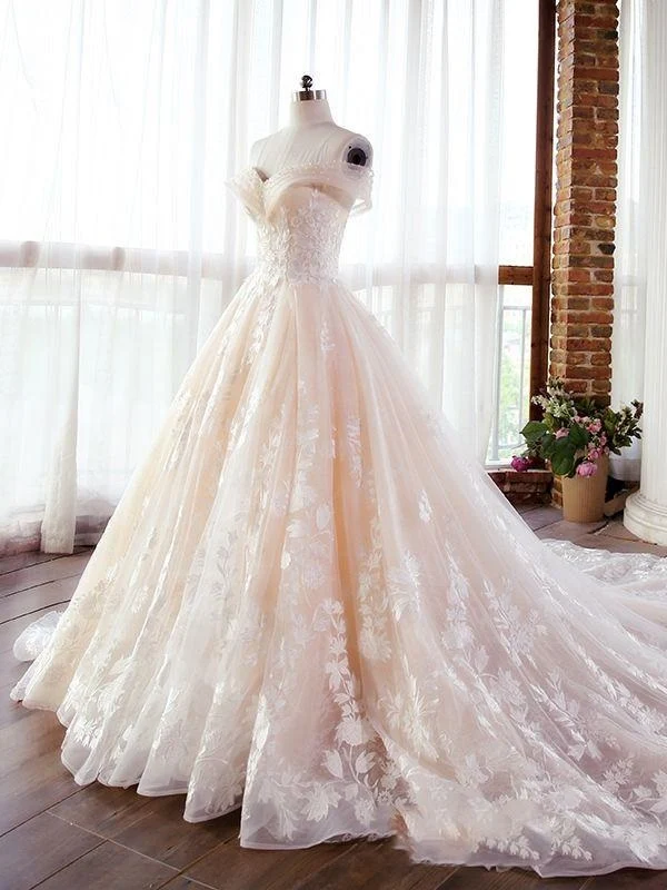 Luxe Champagne dentelle épaules dénudées Poofy robe de bal pour mariage robe de mariée bouffante 20082203