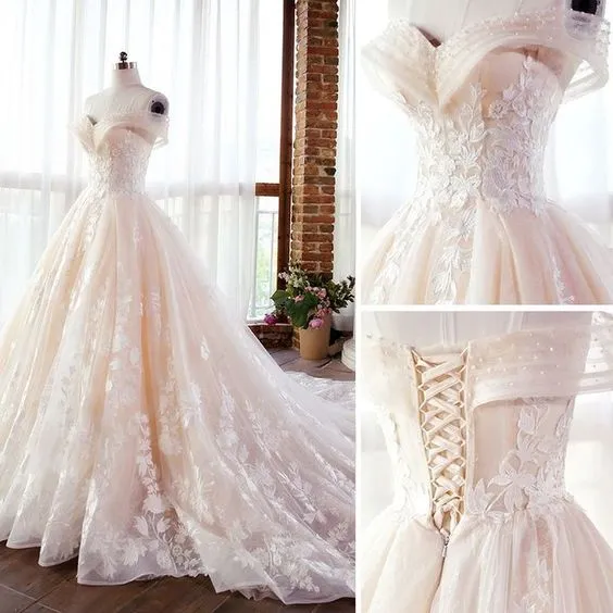 Luxe Champagne dentelle épaules dénudées Poofy robe de bal pour mariage robe de mariée bouffante 20082203