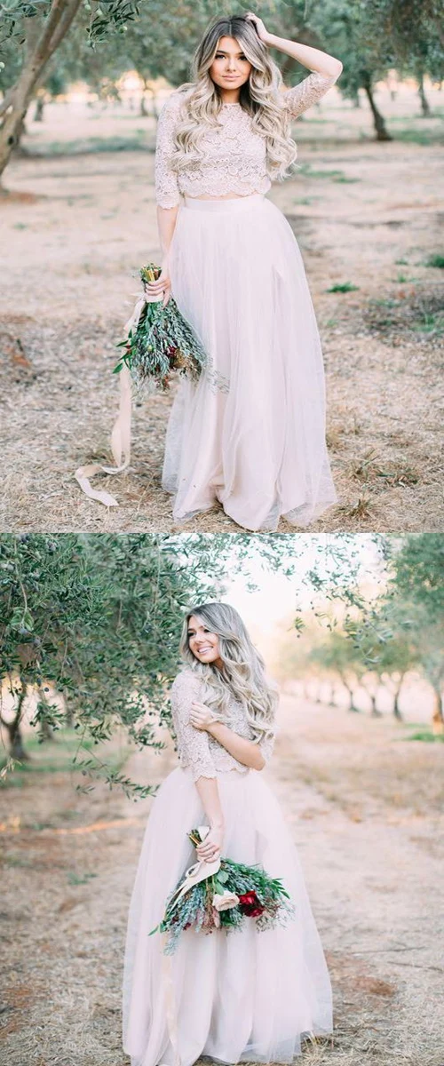 Robe de mariée deux pièces en dentelle à manches longues, jupe en Tulle, séparations de mariée, haut à manches longues