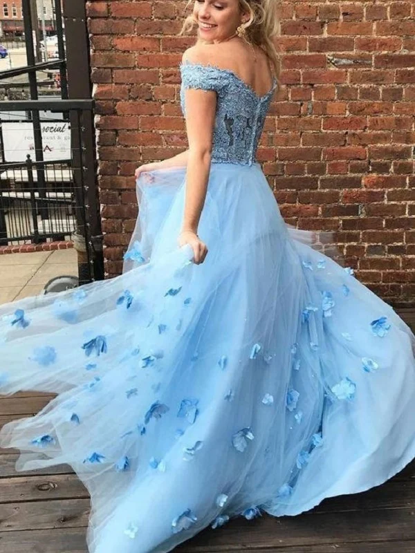 Jolie robe de bal longue en deux pièces en dentelle, épaules dénudées, bleue, avec fleurs 3D