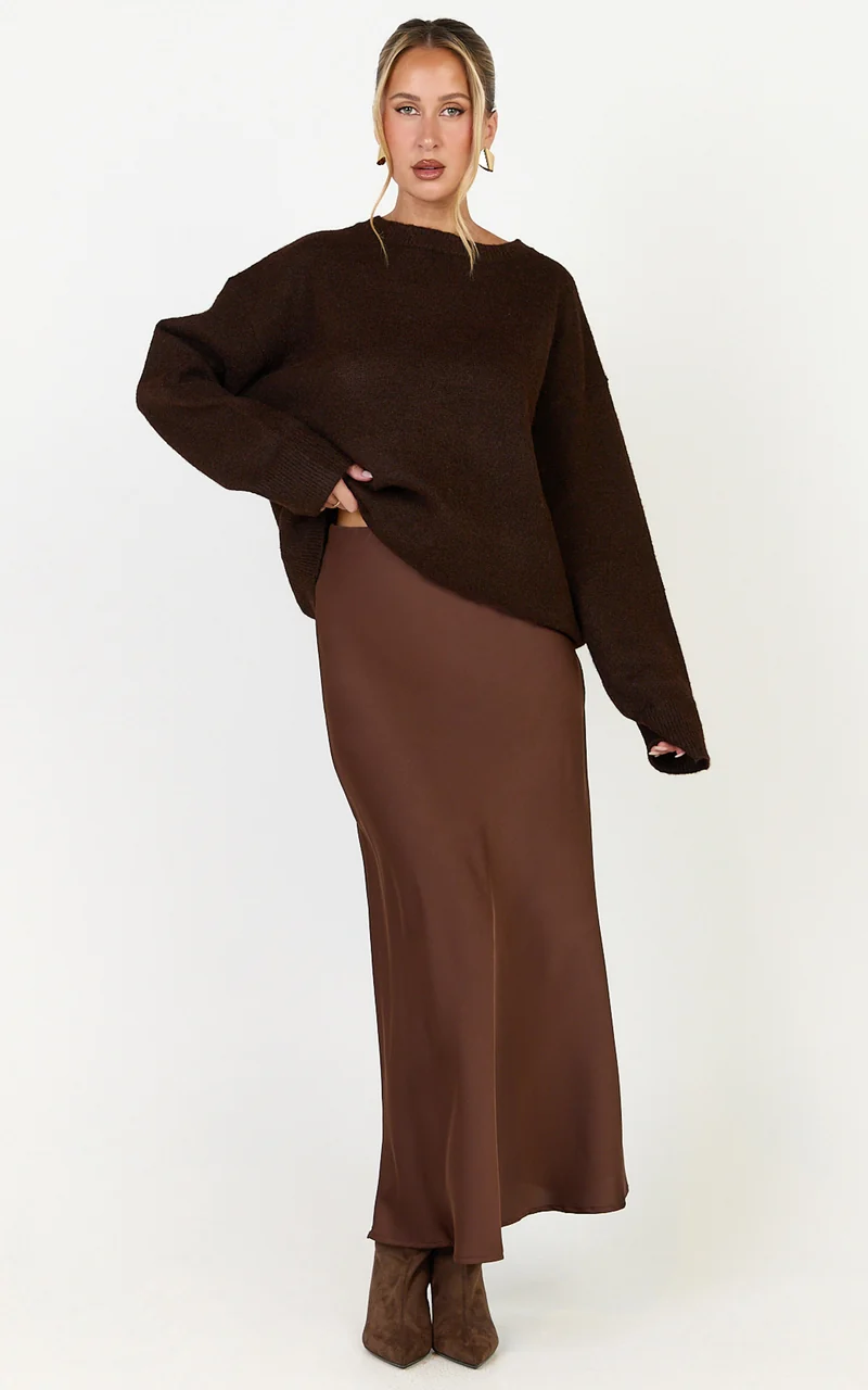 Amari Maxi Skirt - High Waisted Bias Cut Skirt in Chocolate