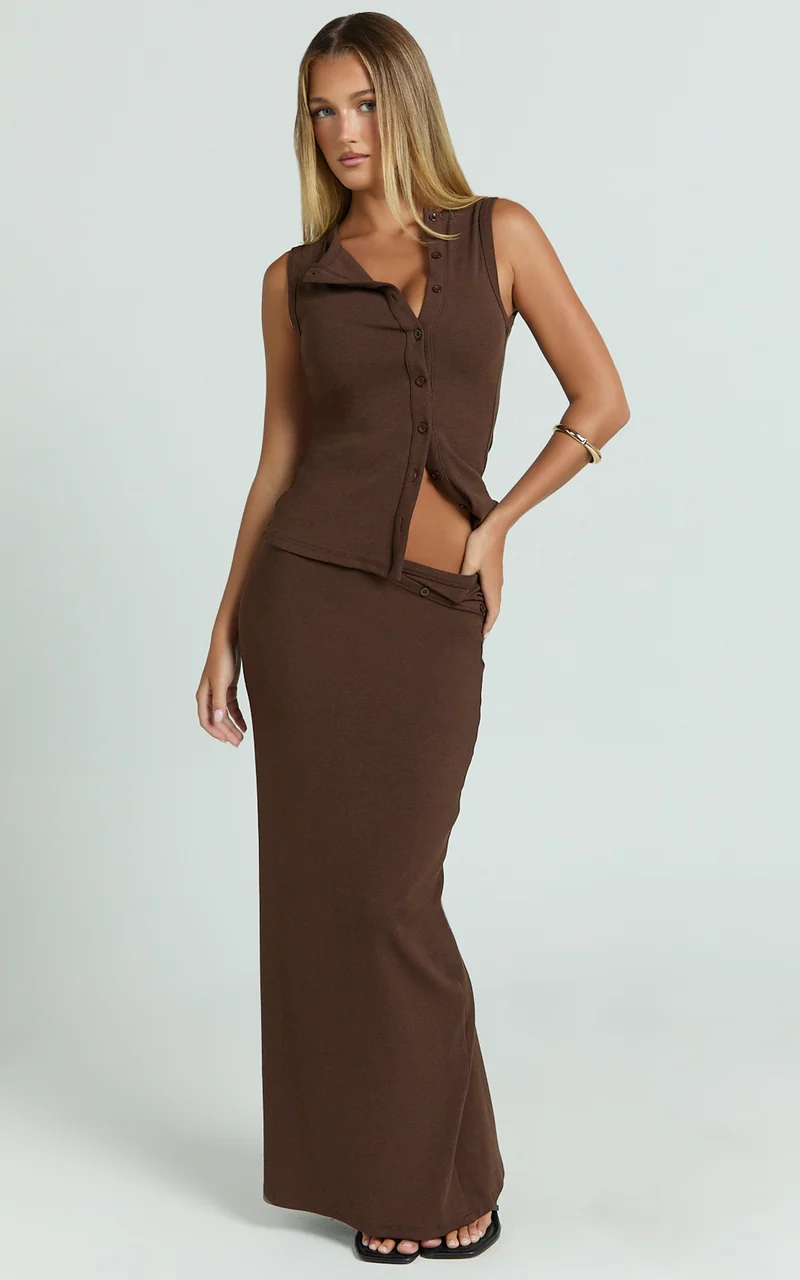 Brittany Two Piece Top and Skirt Set - Ribbed Midi Skirt Set in Chocolate