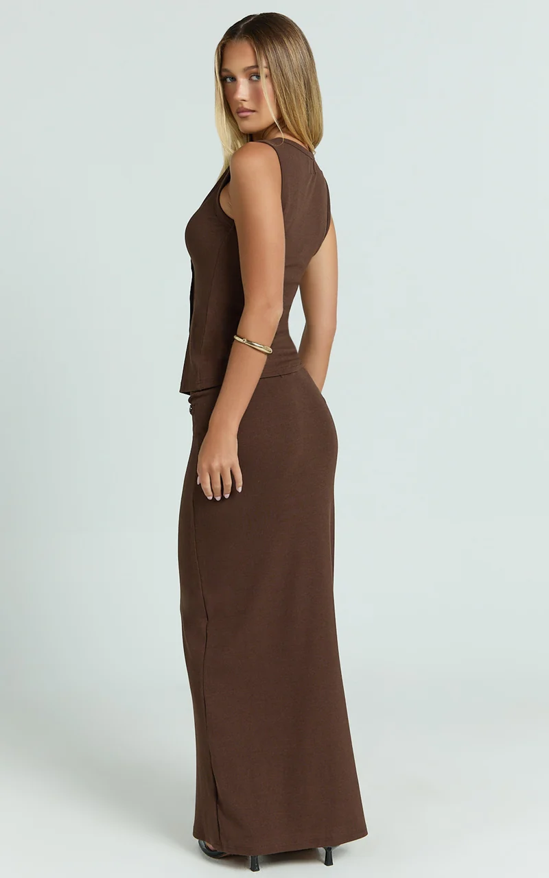 Brittany Two Piece Top and Skirt Set - Ribbed Midi Skirt Set in Chocolate