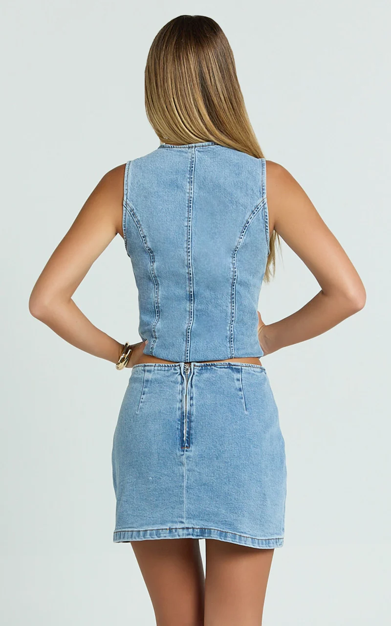 Paige Mini Skirt - High Waisted Denim Skirt in Mid Blue Wash