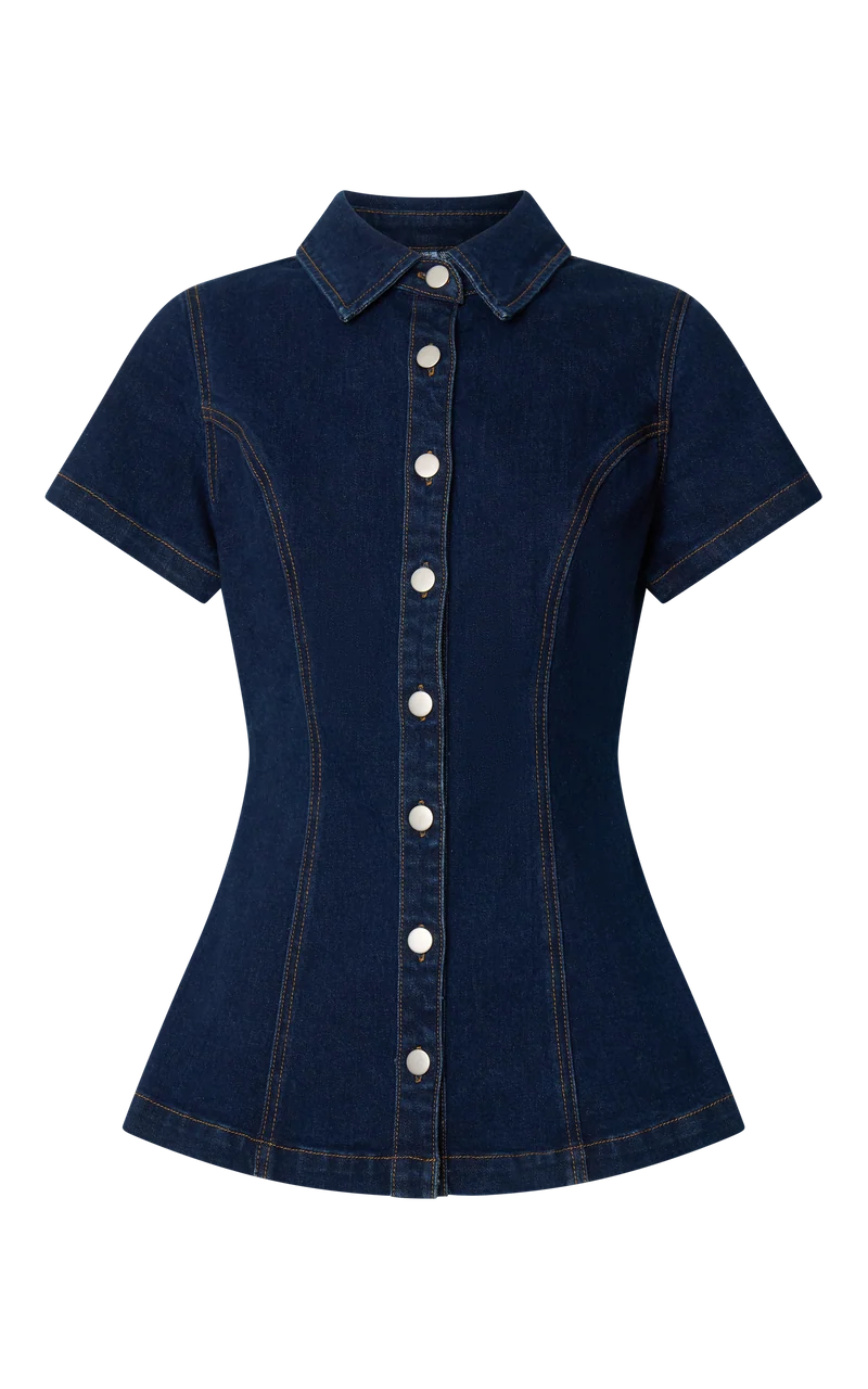 Paige Top - Button Down Short Sleeve Denim Top in Dark Blue Wash