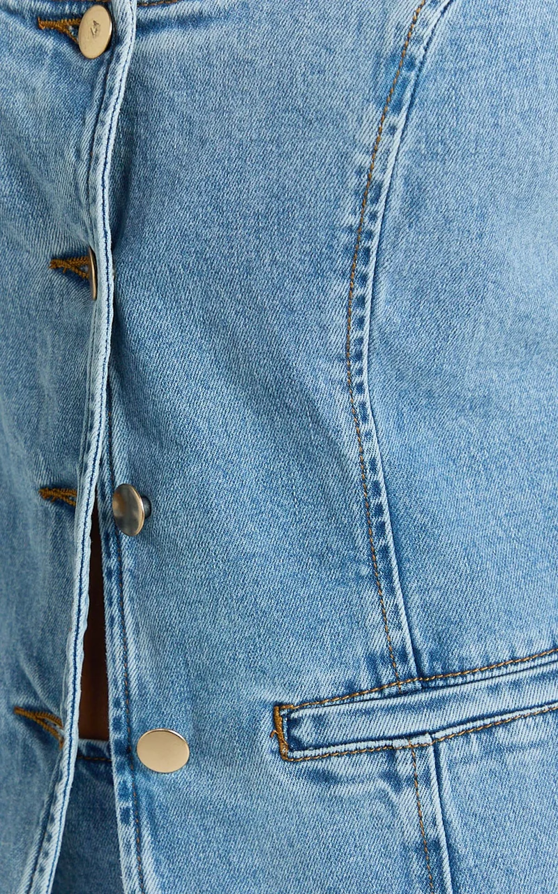Raquel Top - Denim Scoop Neck Button Down Vest in Mid Blue Wash