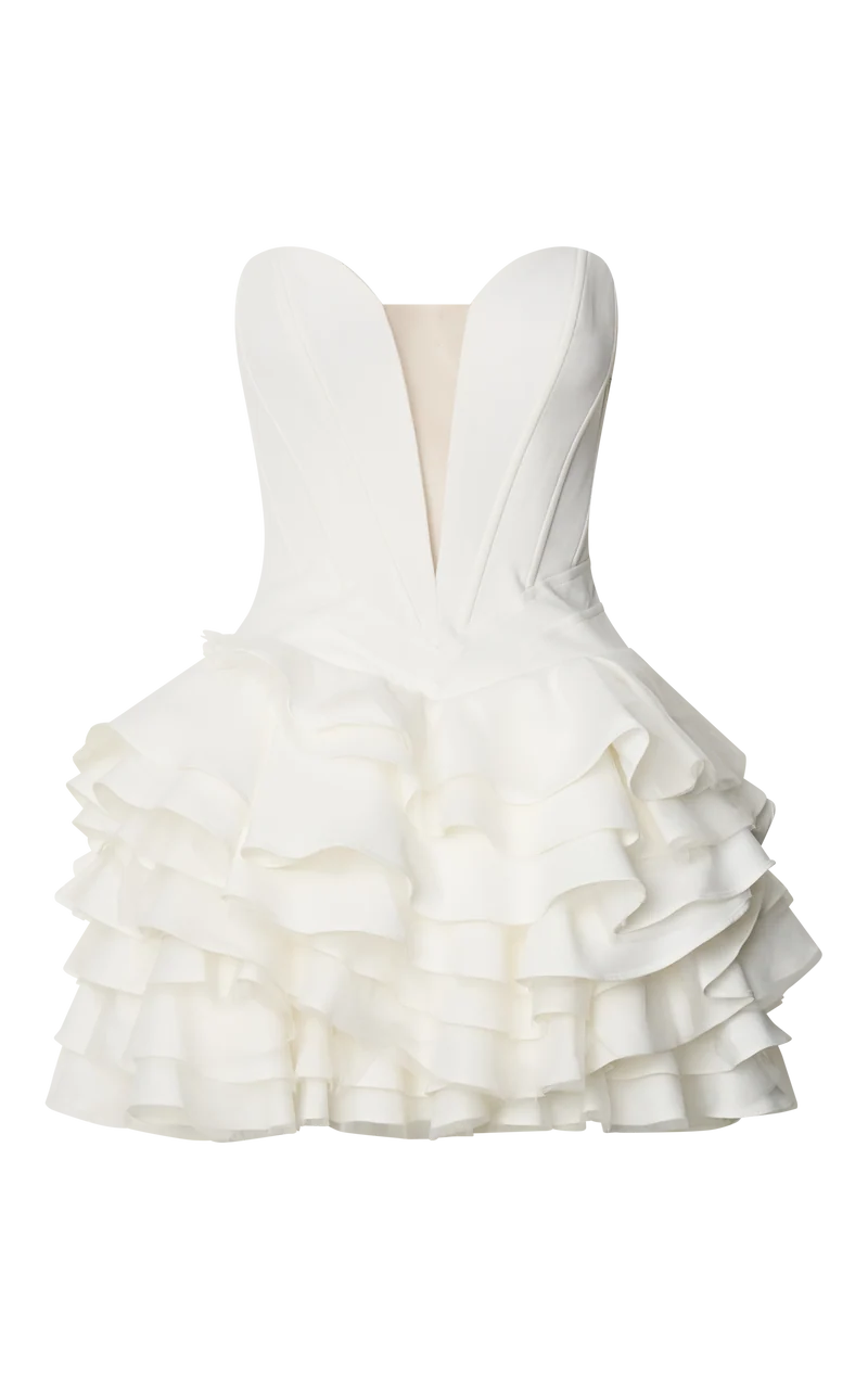 Shirley Mini Dress - Plunge Tulle Skirt Dress in Off White