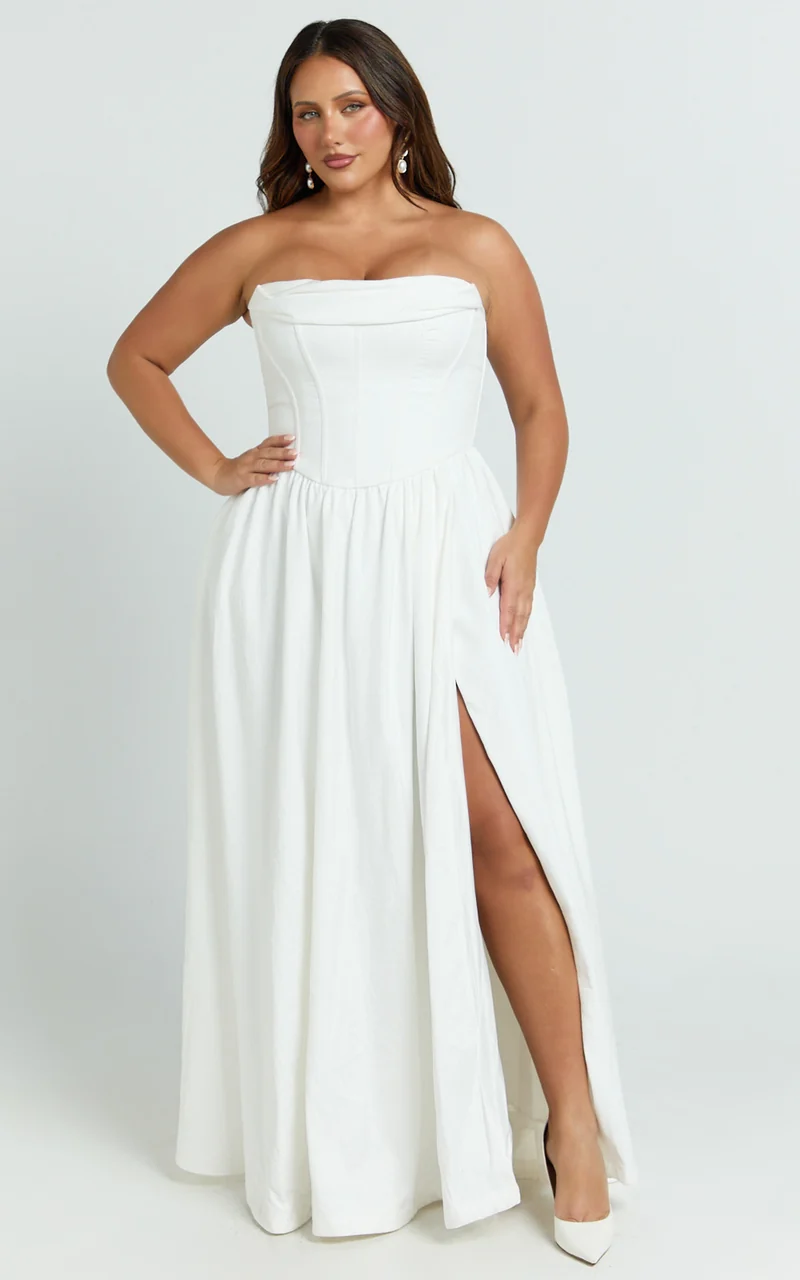 Jeannie Maxi Dress - Corset Panel High Split Dress in Off White