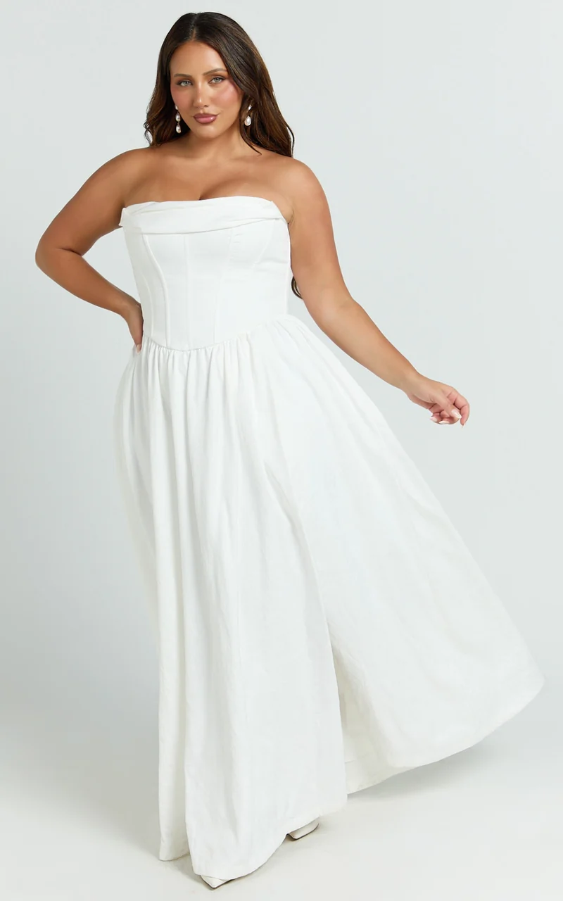 Jeannie Maxi Dress - Corset Panel High Split Dress in Off White