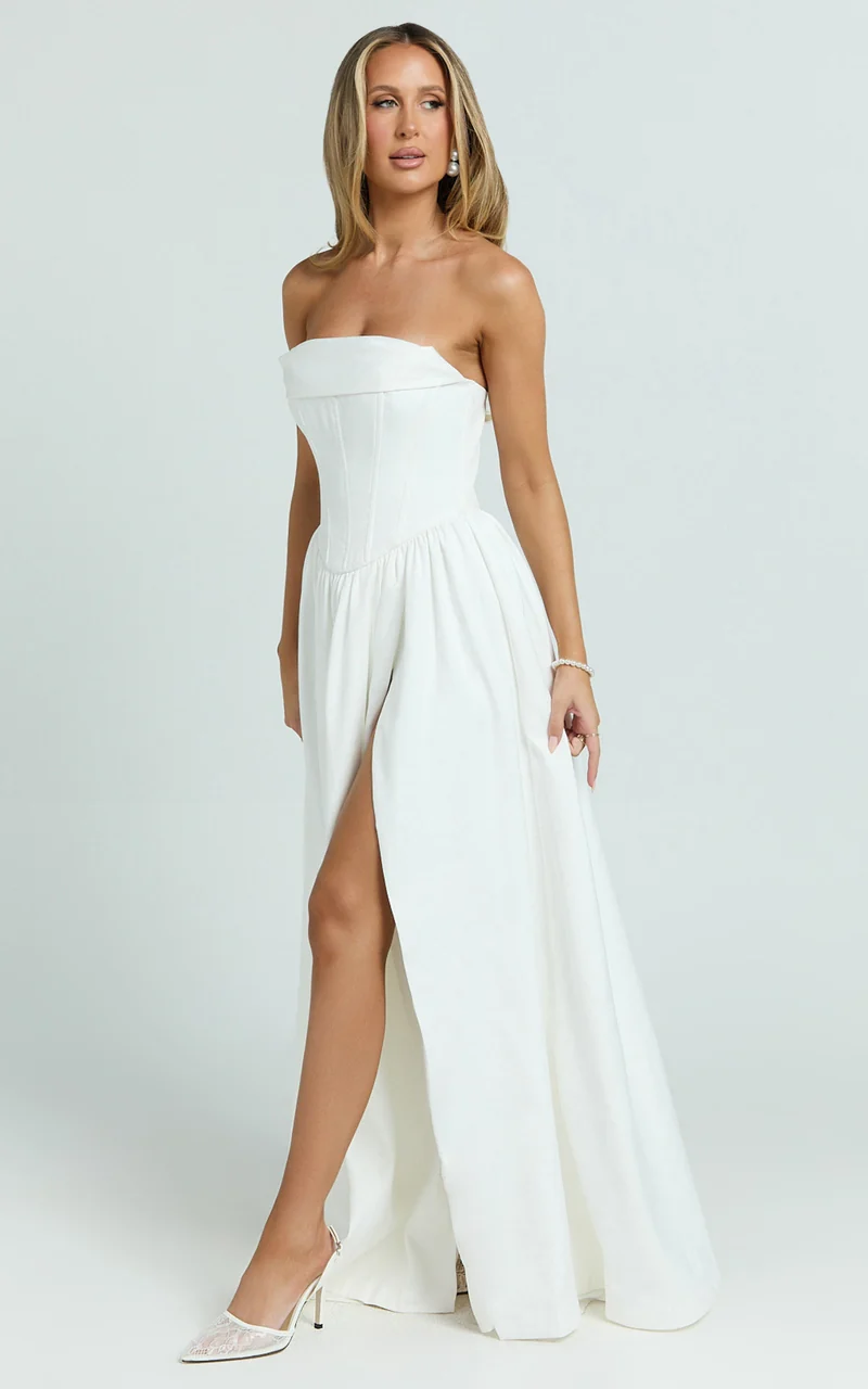 Jeannie Maxi Dress - Corset Panel High Split Dress in Off White