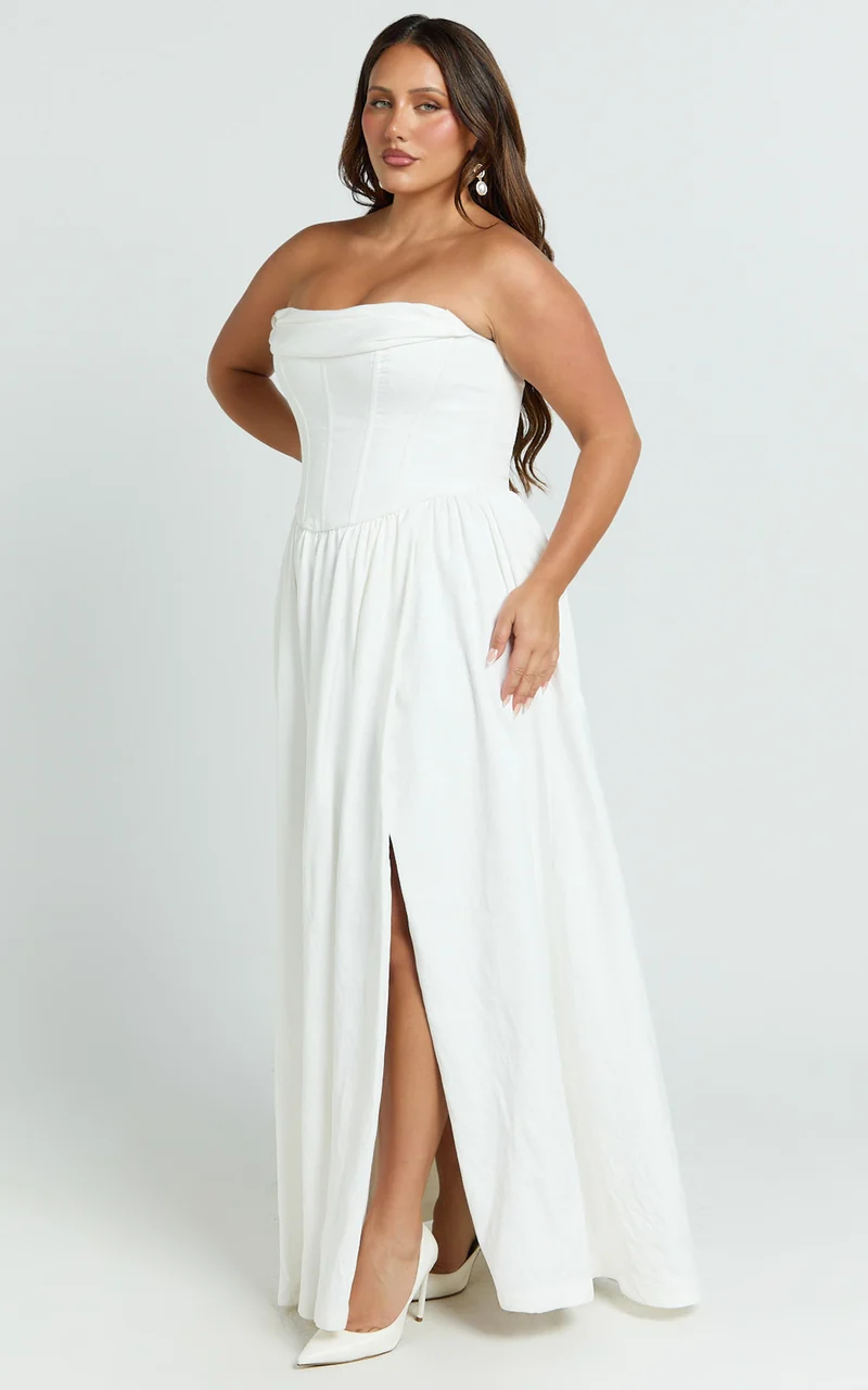 Jeannie Maxi Dress - Corset Panel High Split Dress in Off White