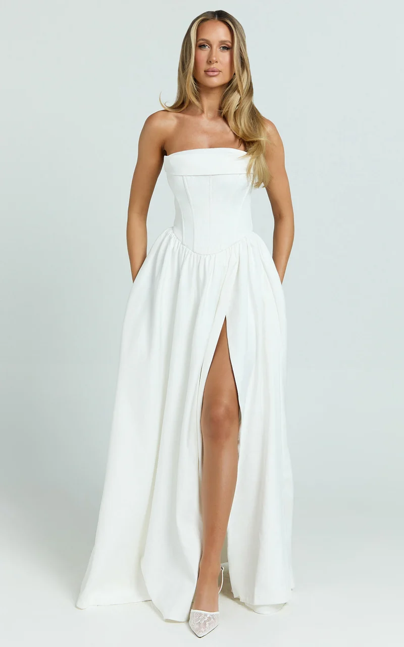 Jeannie Maxi Dress - Corset Panel High Split Dress in Off White