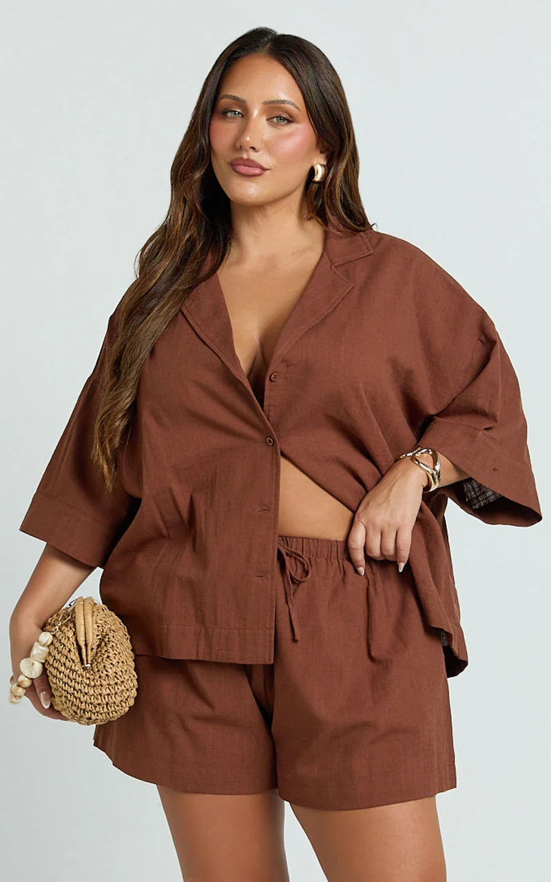 Saina Two Piece Set - Button Through Shirt and Drawstring Shorts Set in Chocolate