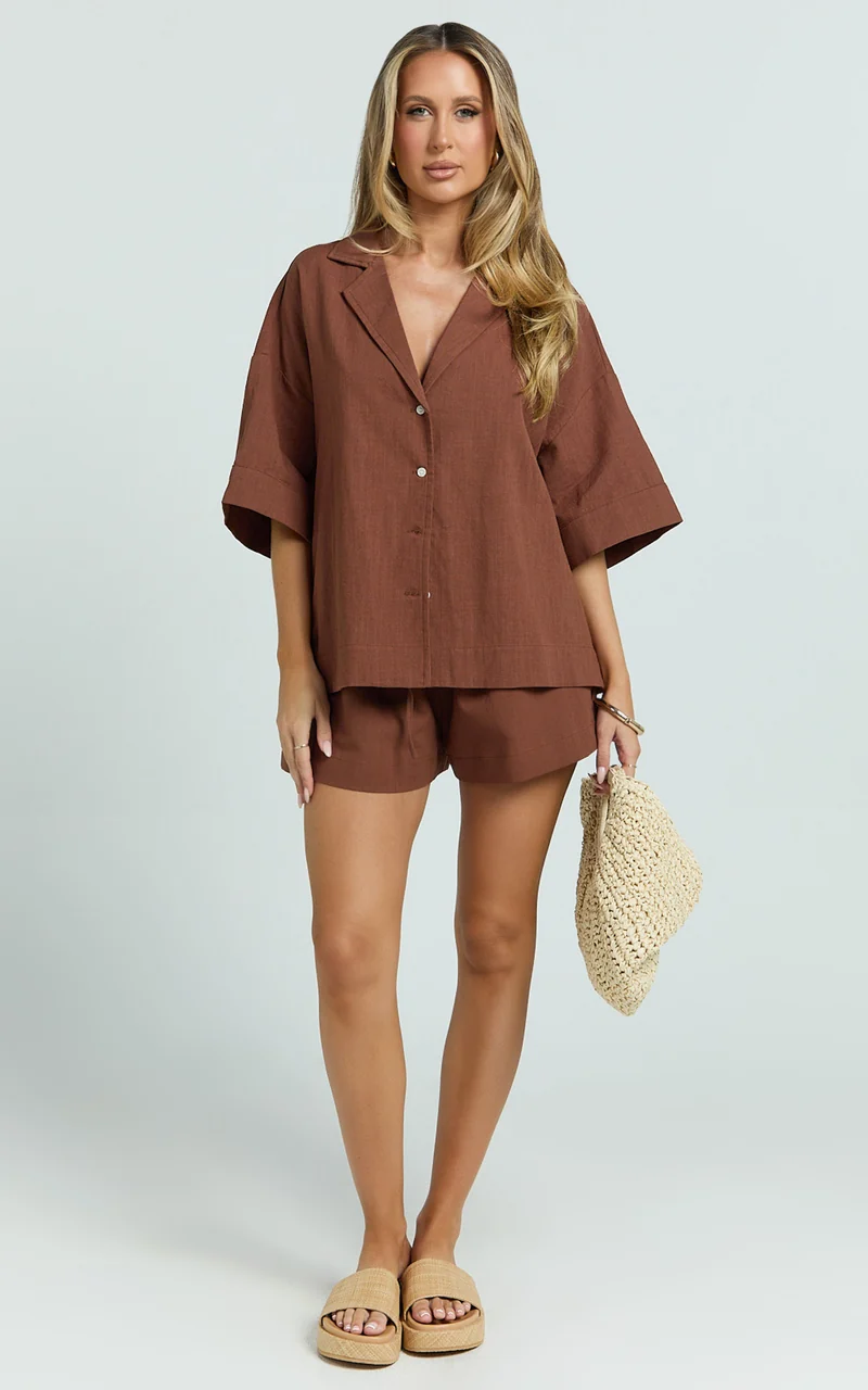 Saina Two Piece Set - Button Through Shirt and Drawstring Shorts Set in Chocolate