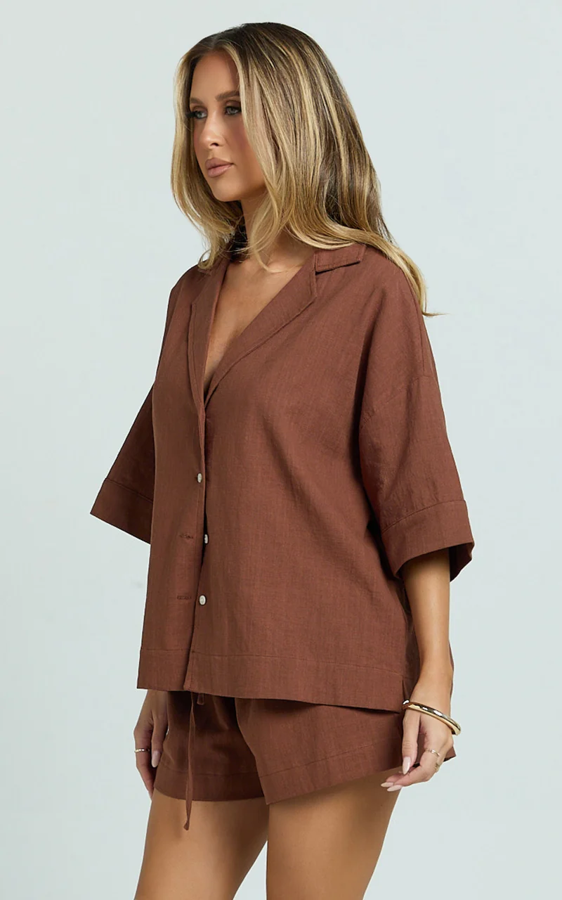 Saina Two Piece Set - Button Through Shirt and Drawstring Shorts Set in Chocolate