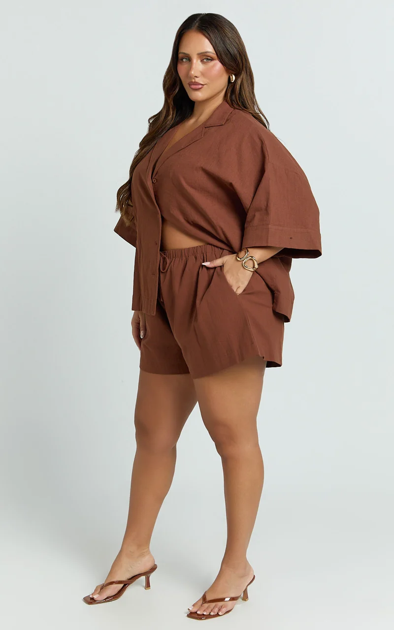 Saina Two Piece Set - Button Through Shirt and Drawstring Shorts Set in Chocolate